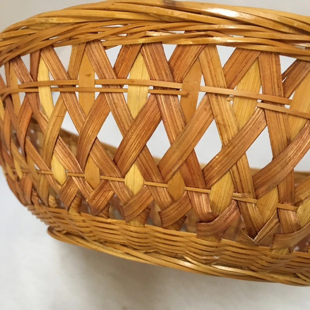 Woven Wicker Basket Bowl Home Decor 9.5in Brown Round Lattice Design Cottagecore